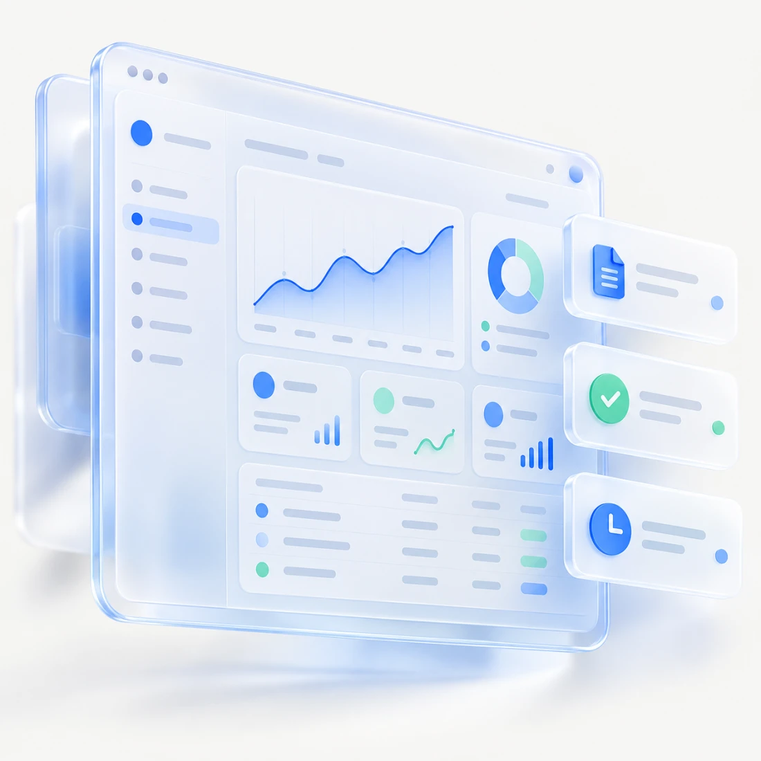 Frosted glass dashboard with floating document, approval and review cards
